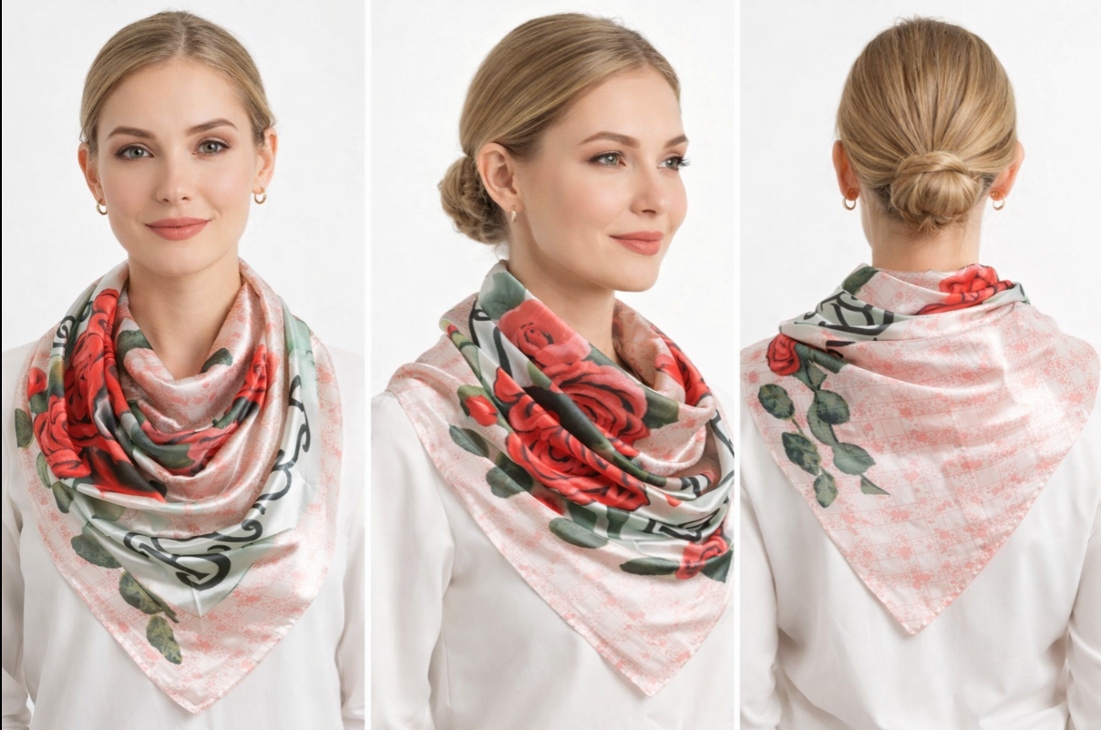 Anyyou Fashion Premium Satin Square Scarf – Romantic Pink Roses Silk-Feel Neckwrap for Women