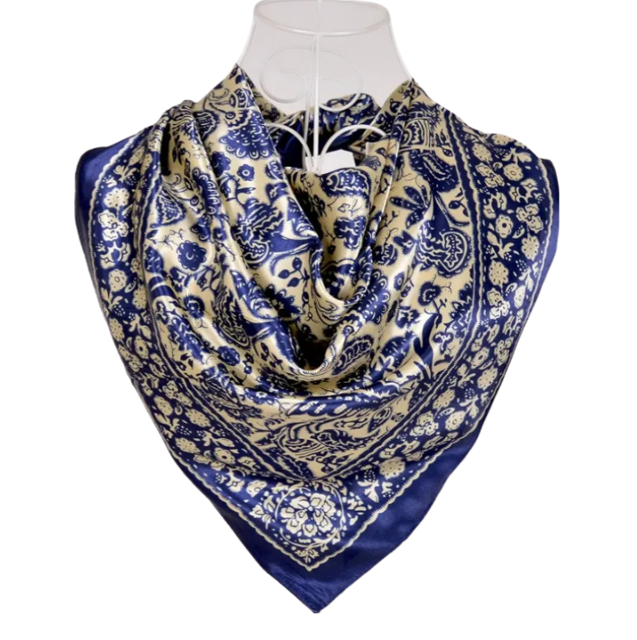 Anyyou Fashion Premium Satin Square Scarf – Blue Beige Silk-Feel Neckwrap for Women