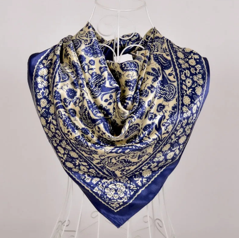 Anyyou Fashion Premium Satin Square Scarf – Blue Beige Silk-Feel Neckwrap for Women