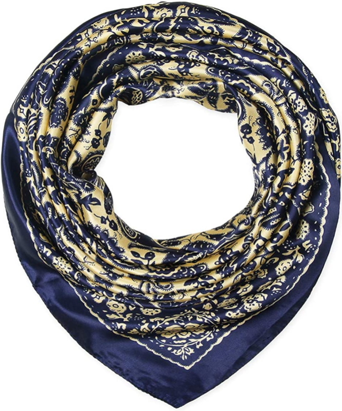 Anyyou Fashion Premium Satin Square Scarf – Blue Beige Silk-Feel Neckwrap for Women