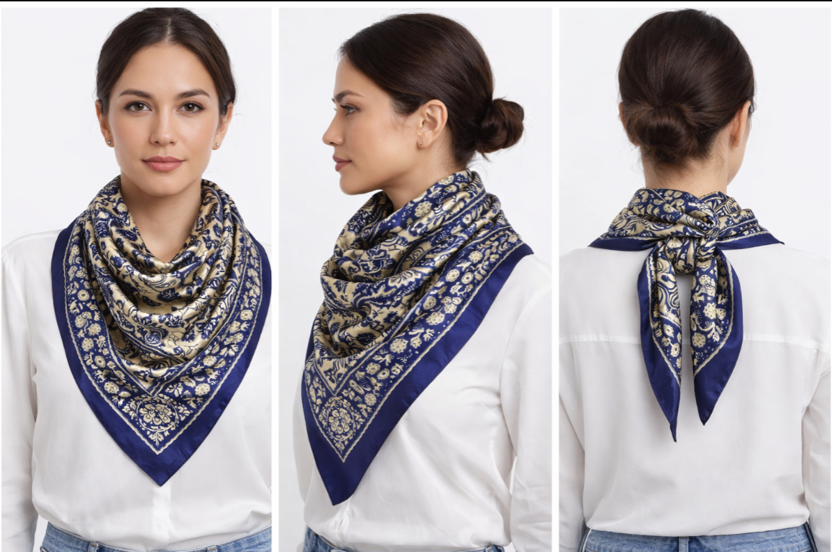 Anyyou Fashion Premium Satin Square Scarf – Blue Beige Silk-Feel Neckwrap for Women