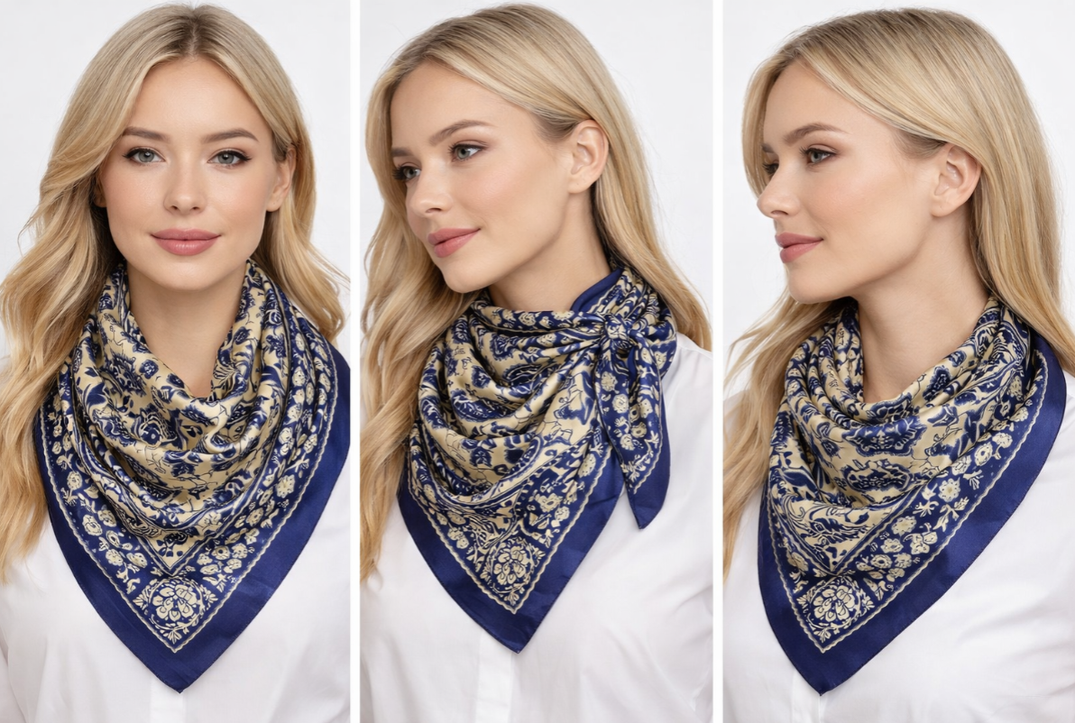 Anyyou Fashion Premium Satin Square Scarf – Blue Beige Silk-Feel Neckwrap for Women