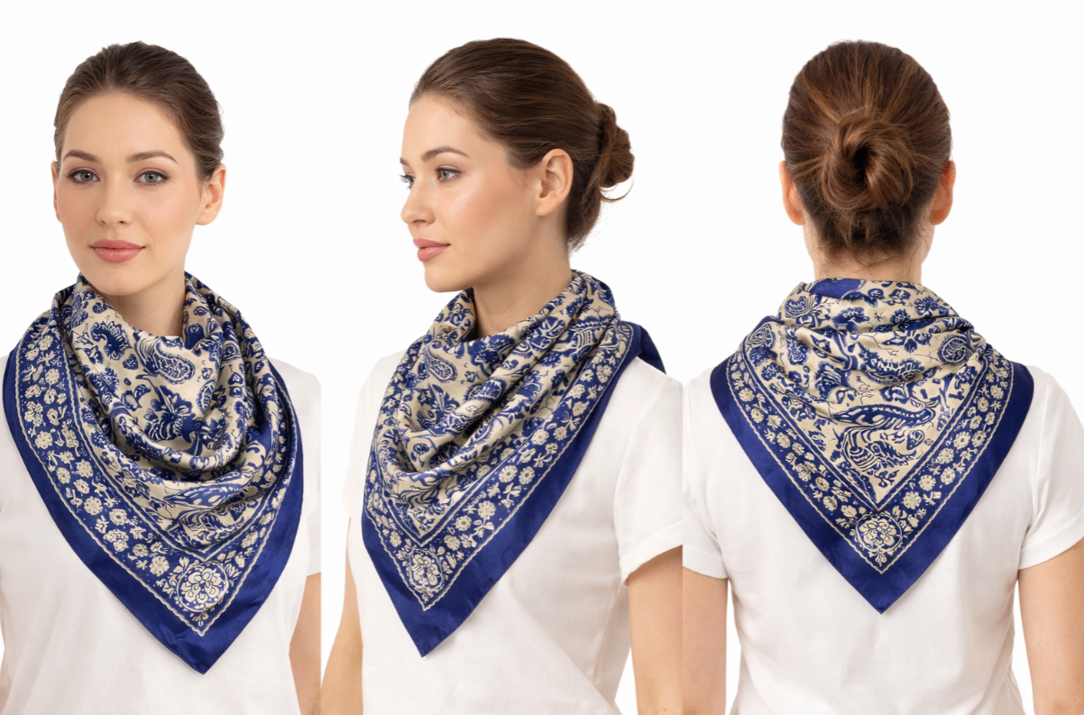 Anyyou Fashion Premium Satin Square Scarf – Blue Beige Silk-Feel Neckwrap for Women