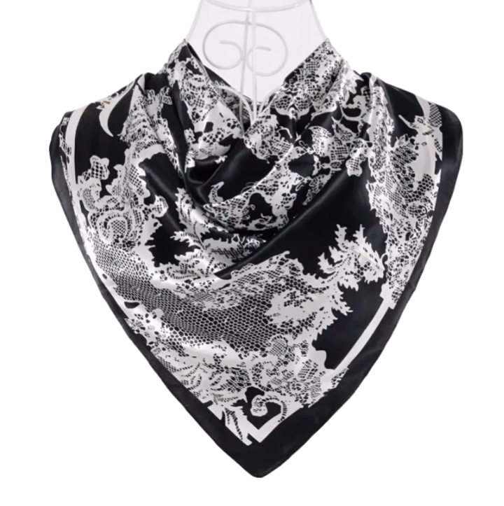 Anyyou Fashion Premium Satin Square Scarf – Elegant Lace Black Silk-Feel Neckwrap for Women