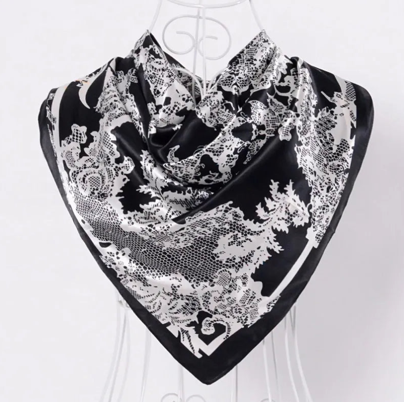 Anyyou Fashion Premium Satin Square Scarf – Elegant Lace Black Silk-Feel Neckwrap for Women