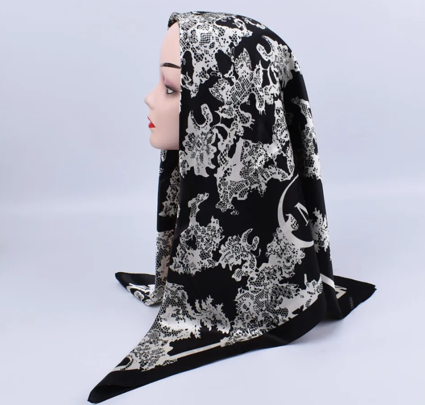 Anyyou Fashion Premium Satin Square Scarf – Elegant Lace Black Silk-Feel Neckwrap for Women