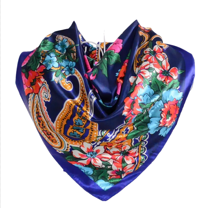 Anyyou Fashion Premium Satin Square Scarf – Big Paisley Blue Silk-Feel Neckwrap for Women