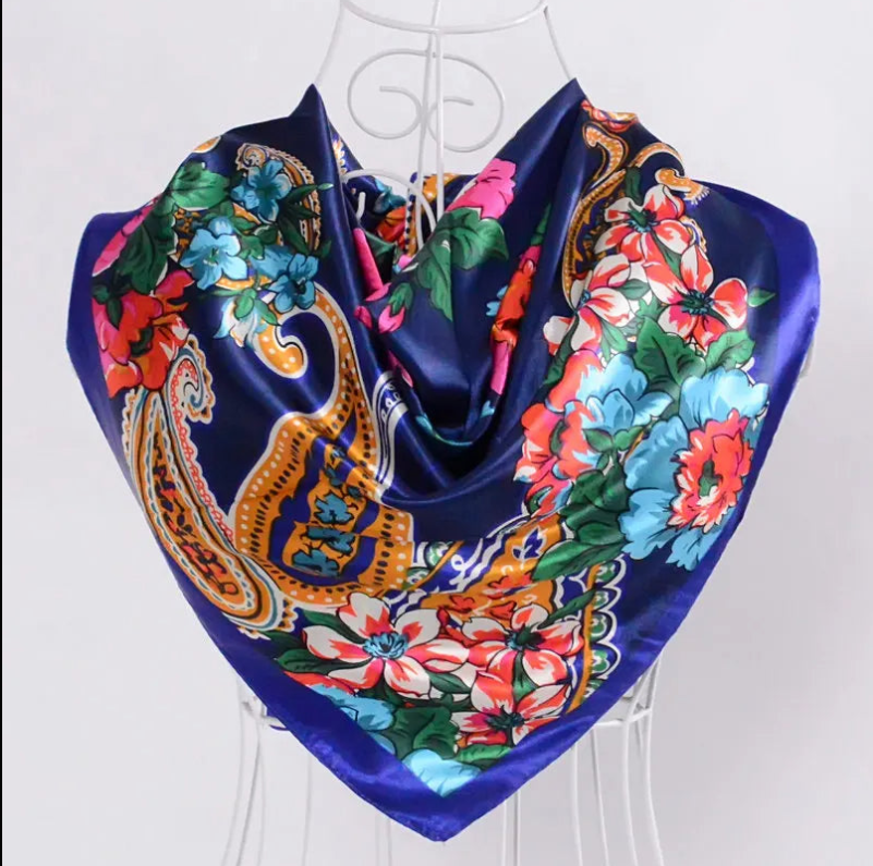 Anyyou Fashion Premium Satin Square Scarf – Big Paisley Blue Silk-Feel Neckwrap for Women
