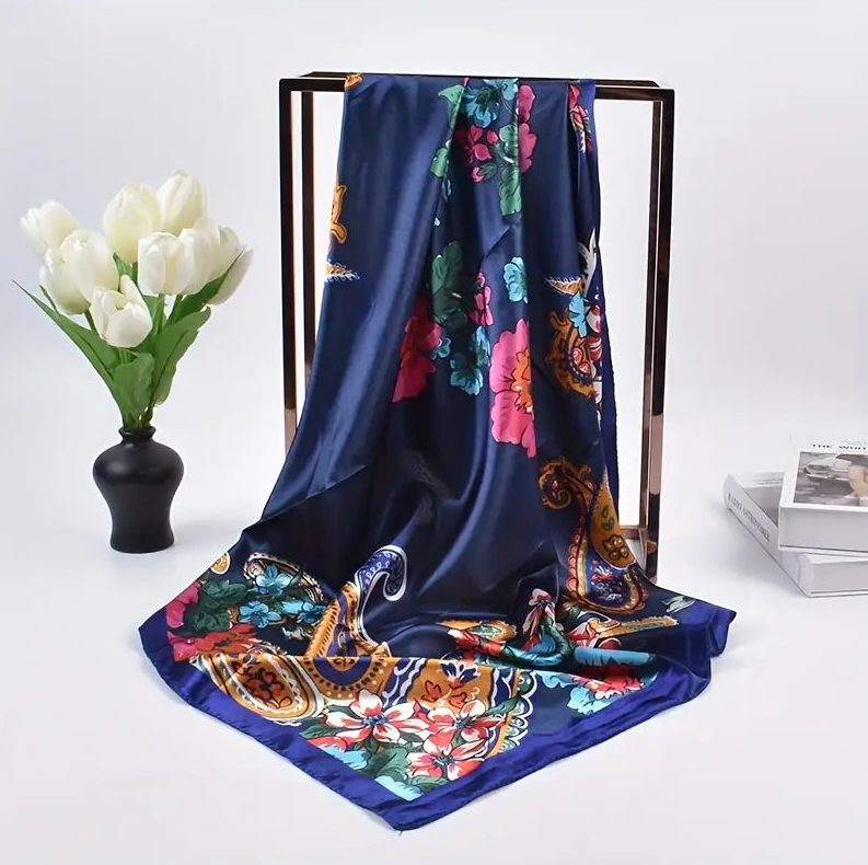 Anyyou Fashion Premium Satin Square Scarf – Big Paisley Blue Silk-Feel Neckwrap for Women