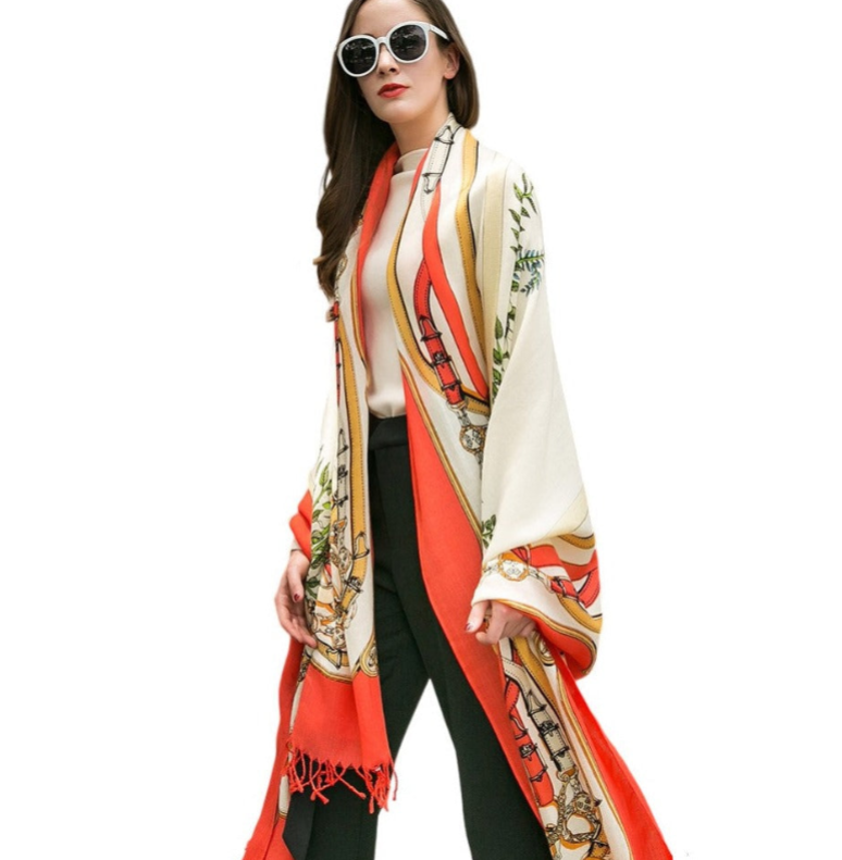 Anyyou 100% Pure Merino Wool Red Beige Stylish Poncho Winter Large Scarf With Trendy Pashmina Shawl Bandana  For Womenfashion Design