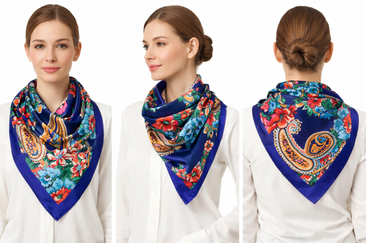 Anyyou Fashion Premium Satin Square Scarf – Big Paisley Blue Silk-Feel Neckwrap for Women