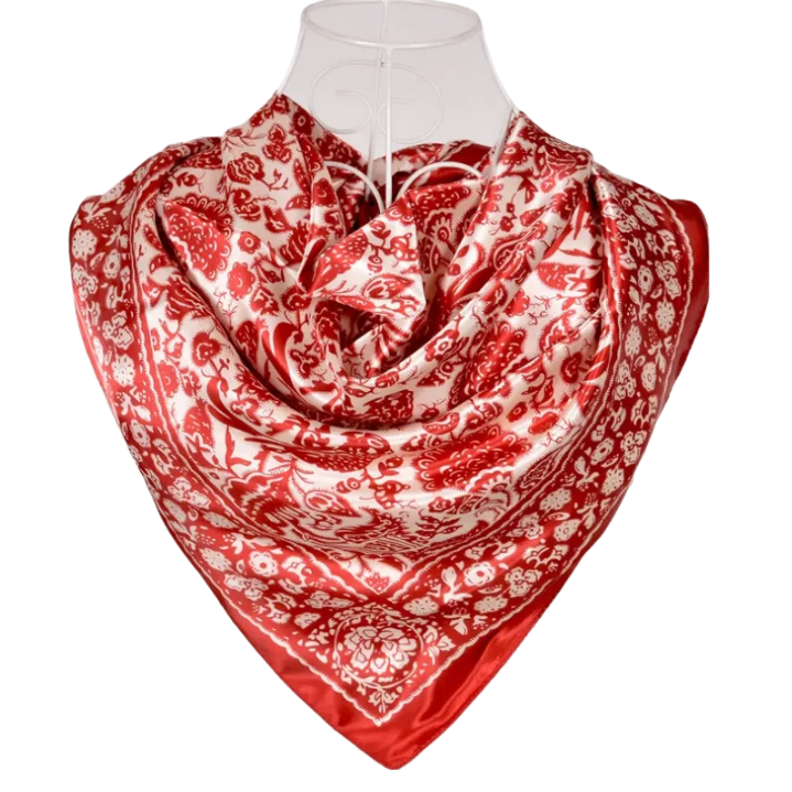 Anyyou Fashion Premium Satin Square Scarf – Red Beige Print Silk-Feel Neckwrap for Women