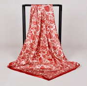 Anyyou Fashion Premium Satin Square Scarf – Red Beige Print Silk-Feel Neckwrap for Women