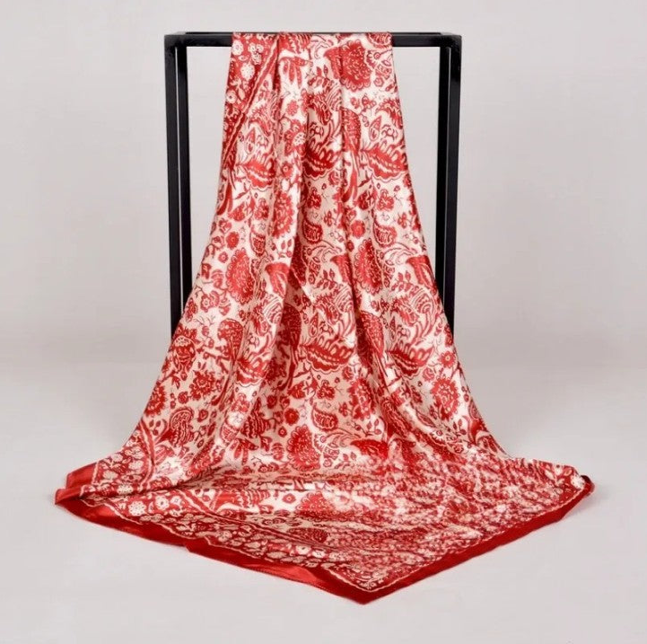 Anyyou Fashion Premium Satin Square Scarf – Red Beige Print Silk-Feel Neckwrap for Women