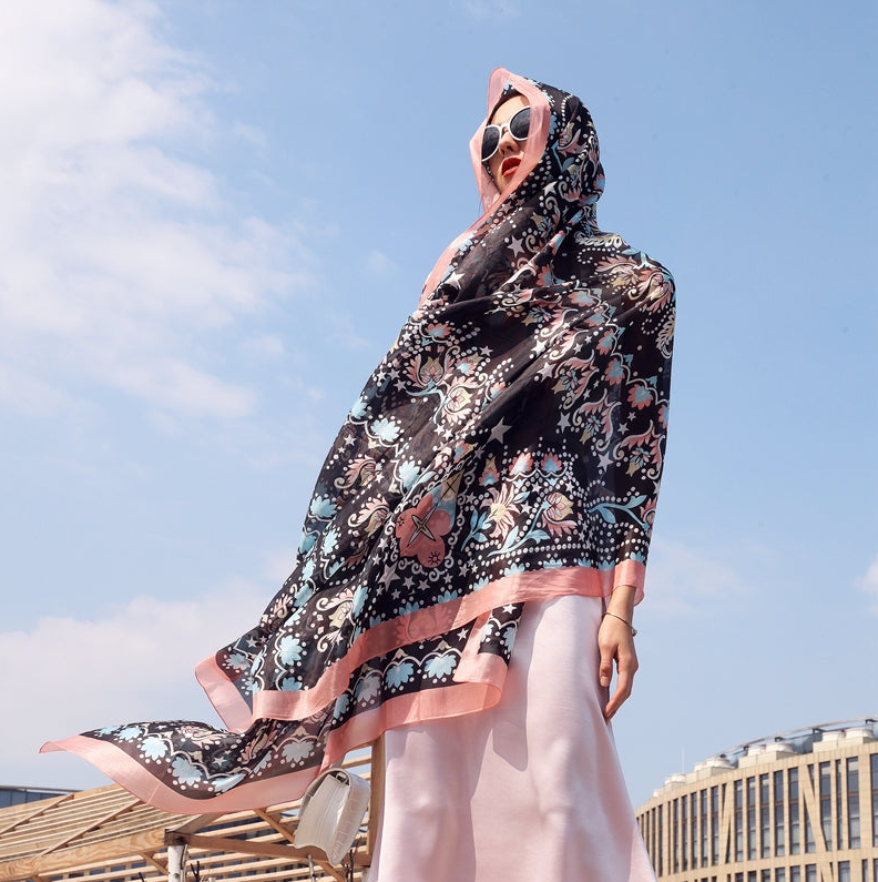 Anyyou 100% Mulberry Silk Black Long Scarf Luxury Brand Women Beach Shawl Wear Swimwear Pashimina Face Shield Foulard