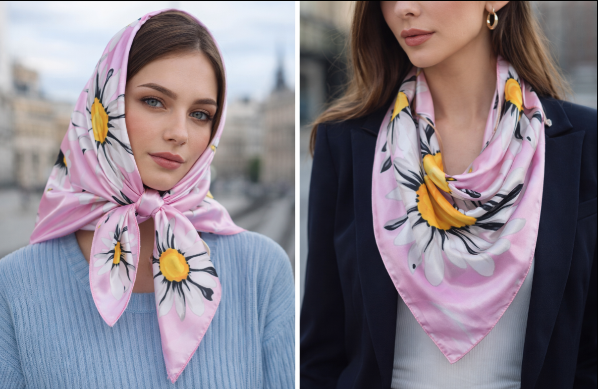 Anyyou Fashion Premium Satin Square Scarf – Daisy Pink Silk-Feel Neckwrap for Women