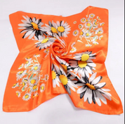 Anyyou Fashion Premium Satin Square Scarf –  Daisy Orange Floral Printed Silk-Feel Neckwrap for Women