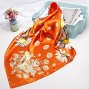 Anyyou Fashion Premium Satin Square Scarf –  Daisy Orange Floral Printed Silk-Feel Neckwrap for Women