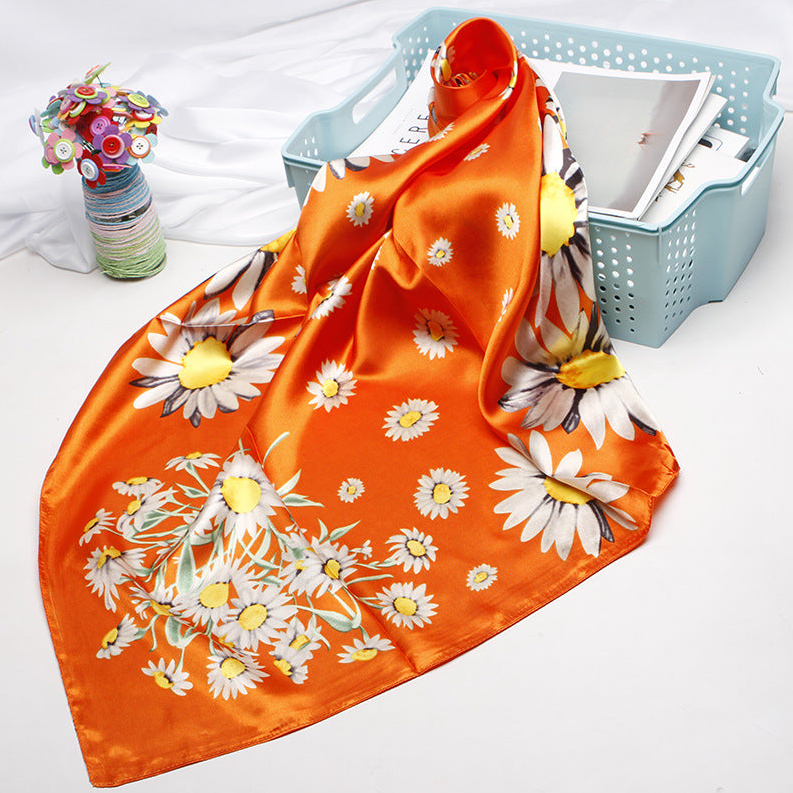 Anyyou Fashion Premium Satin Square Scarf –  Daisy Orange Floral Printed Silk-Feel Neckwrap for Women