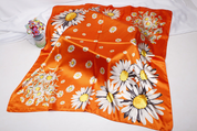 Anyyou Fashion Premium Satin Square Scarf –  Daisy Orange Floral Printed Silk-Feel Neckwrap for Women