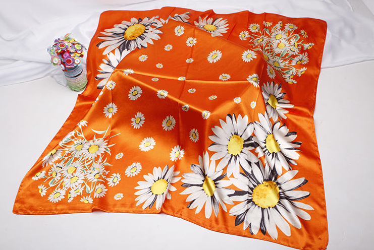 Anyyou Fashion Premium Satin Square Scarf –  Daisy Orange Floral Printed Silk-Feel Neckwrap for Women