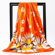 Anyyou Fashion Premium Satin Square Scarf –  Daisy Orange Floral Printed Silk-Feel Neckwrap for Women