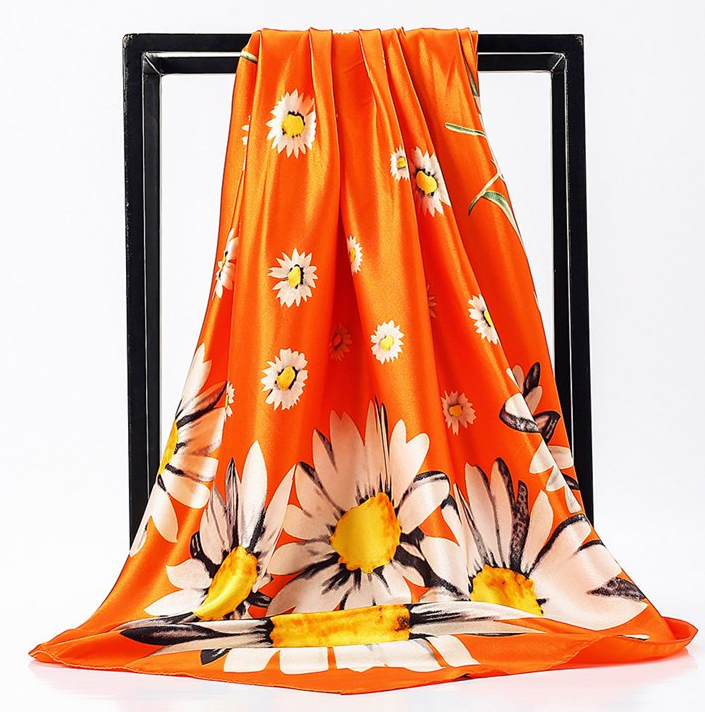 Anyyou Fashion Premium Satin Square Scarf –  Daisy Orange Floral Printed Silk-Feel Neckwrap for Women
