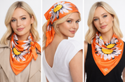 Anyyou Fashion Premium Satin Square Scarf –  Daisy Orange Floral Printed Silk-Feel Neckwrap for Women