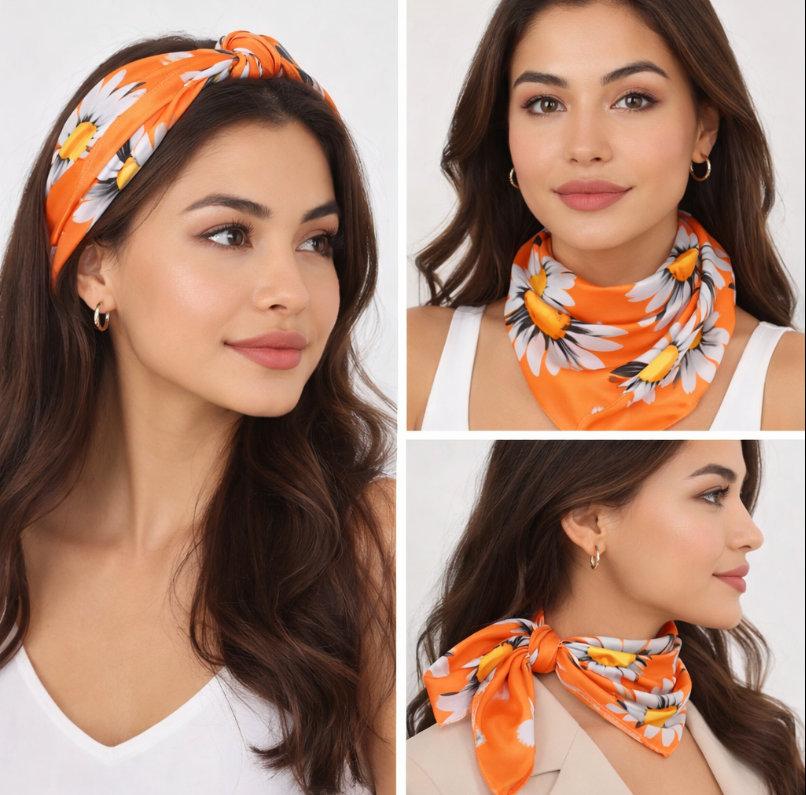 Anyyou Fashion Premium Satin Square Scarf –  Daisy Orange Floral Printed Silk-Feel Neckwrap for Women