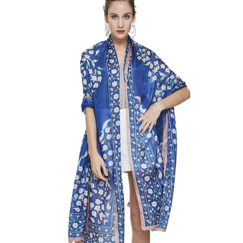Anyyou 100% Mulberry Silk Ocean Blue Long Scarf Luxury Brand Women Beach Shawl Wear Swimwear Pashimina Face Shield Foulard