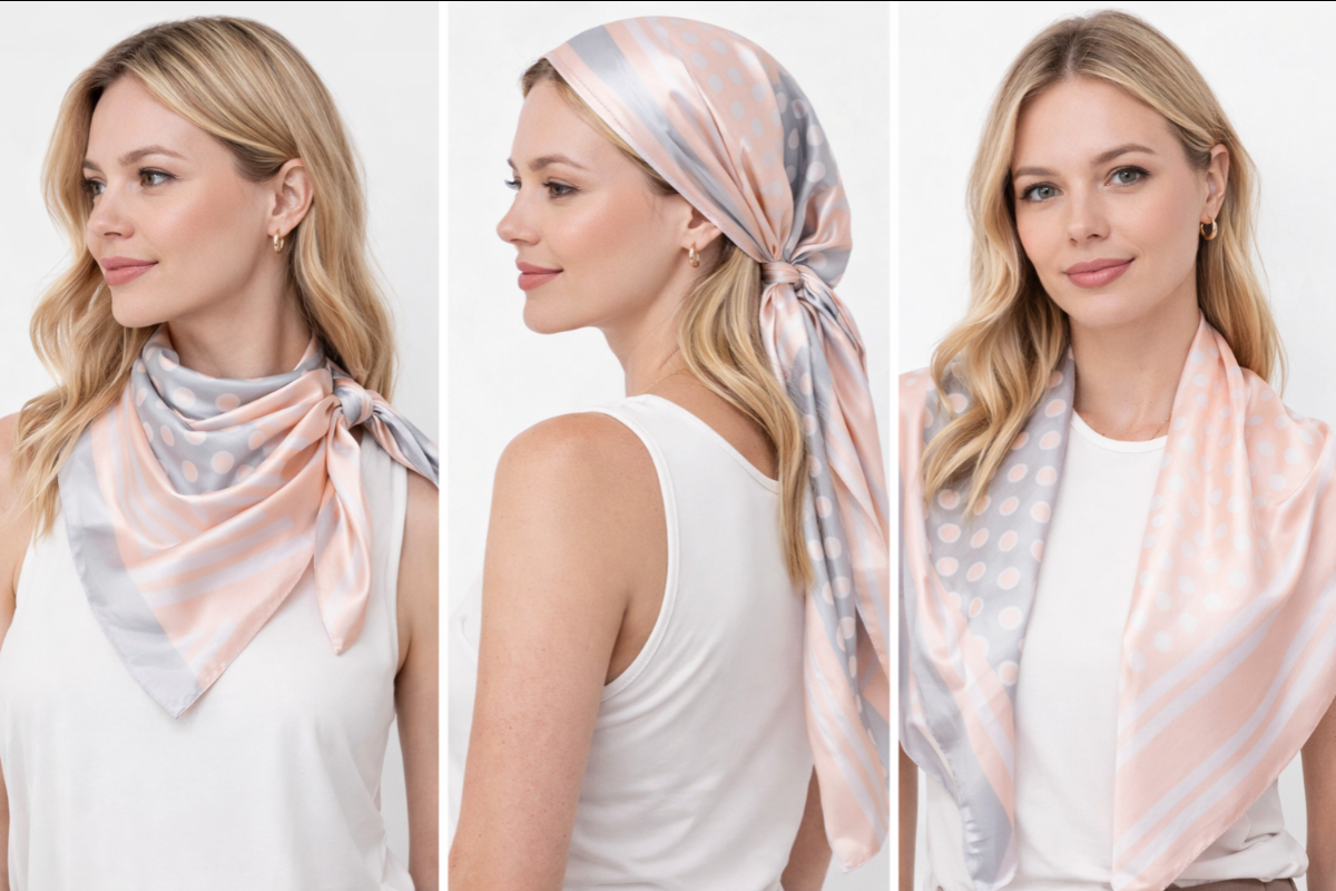 Anyyou Fashion Premium Satin Square Scarf – Grey Pink Silk-Feel Neckwrap for Women