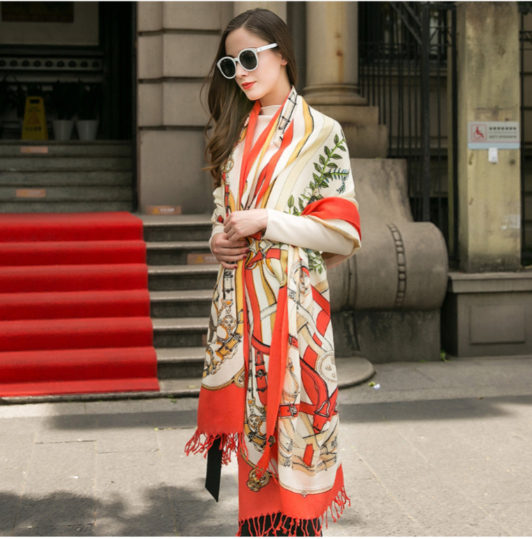 Anyyou 100% Pure Merino Wool Red Beige Stylish Poncho Winter Large Scarf With Trendy Pashmina Shawl Bandana  For Womenfashion Design