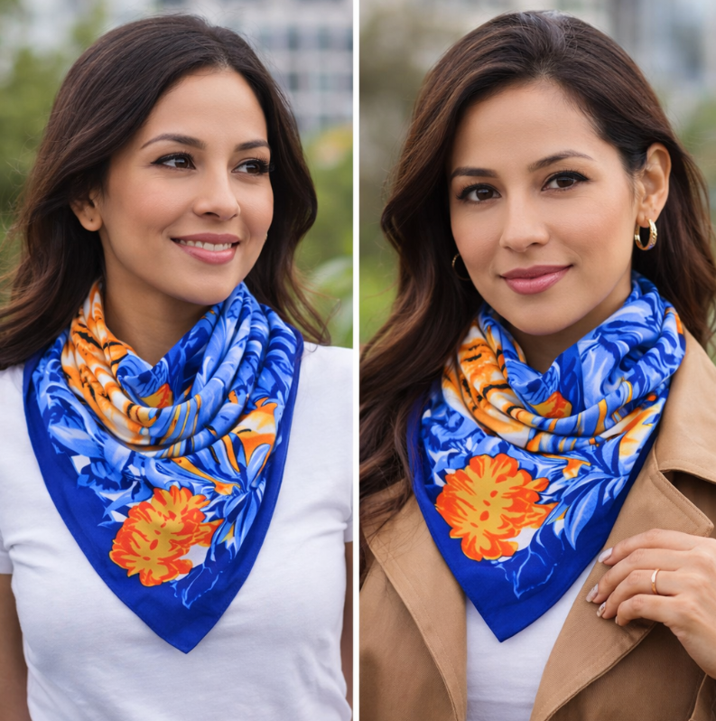 Anyyou Fashion Premium Satin Square Scarf – Romantic Floral Blue Silk-Feel Neckwrap for Women