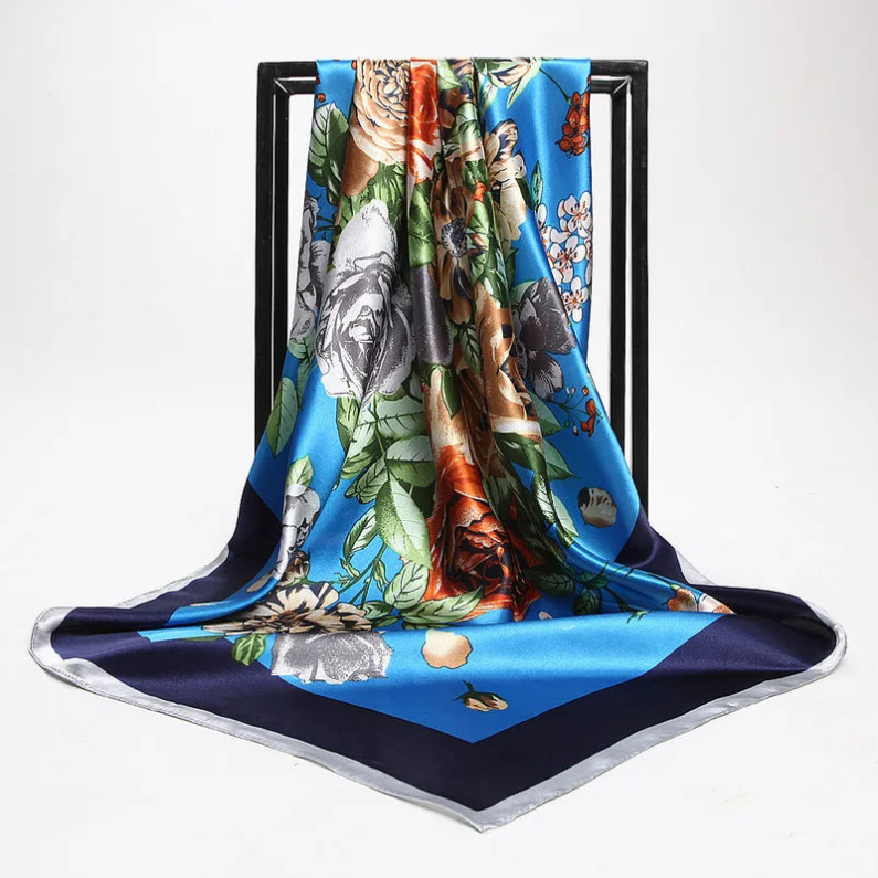 Anyyou Fashion Premium Satin Square Scarf – Peony Blue Silk-Feel Neckwrap for Women