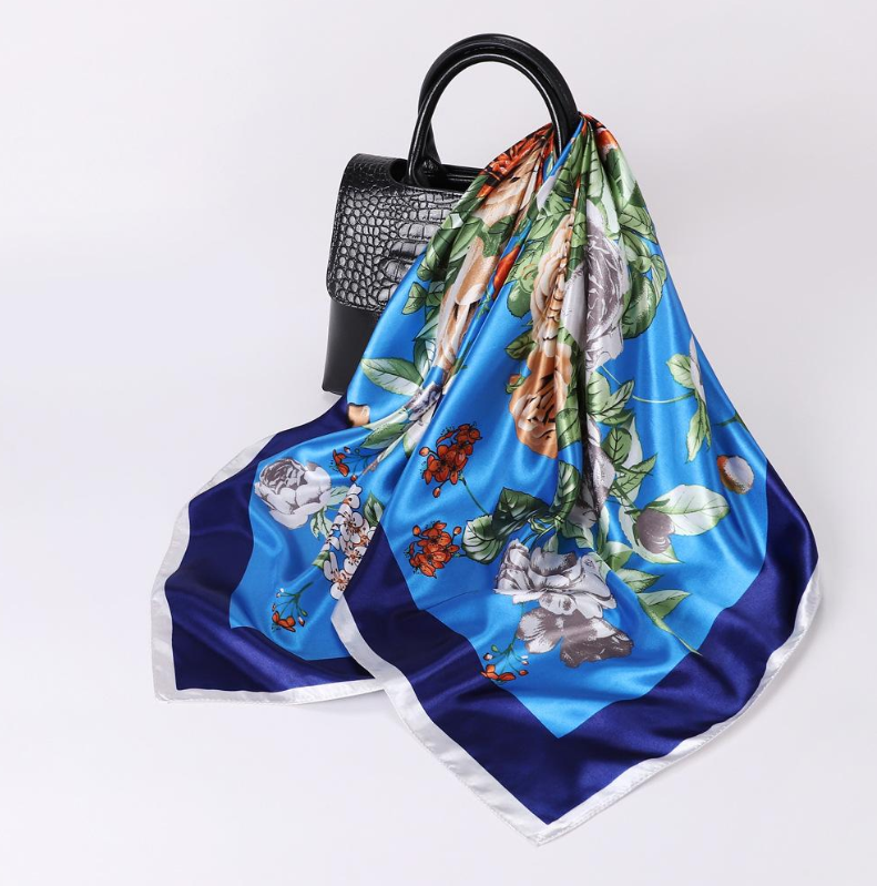 Anyyou Fashion Premium Satin Square Scarf – Peony Blue Silk-Feel Neckwrap for Women