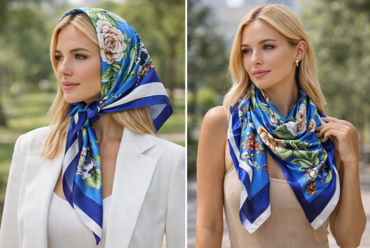 Anyyou Fashion Premium Satin Square Scarf – Peony Blue Silk-Feel Neckwrap for Women