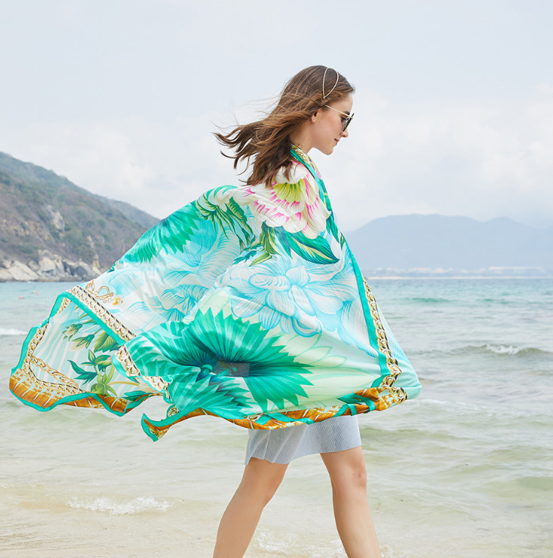 Anyyou 100% Mulberry Silk Vivid Green Long Scarf Luxury Brand Women Beach Shawl Wear Swimwear Pashimina Face Shield Foulard