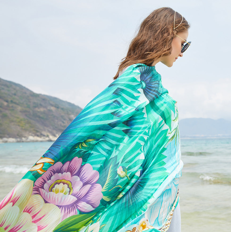 Anyyou 100% Mulberry Silk Vivid Green Long Scarf Luxury Brand Women Beach Shawl Wear Swimwear Pashimina Face Shield Foulard