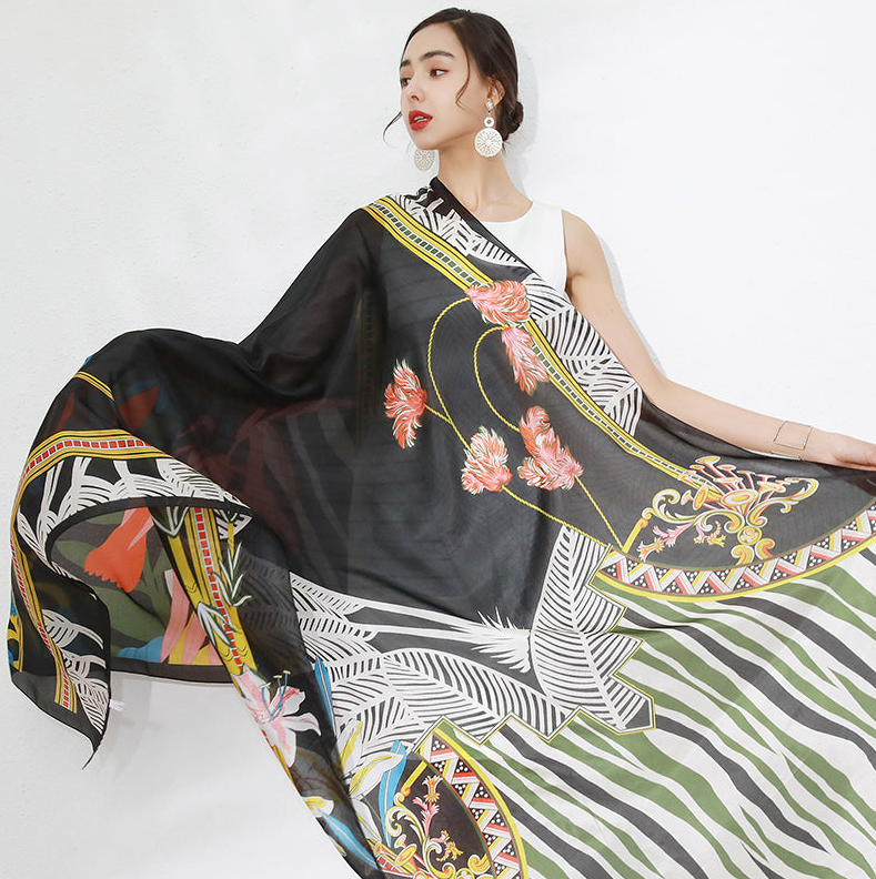 Anyyou 100% Mulberry Silk Ebony Black Long Scarf Luxury Brand Women Beach Shawl Wear Swimwear Pashimina Face Shield Foulard