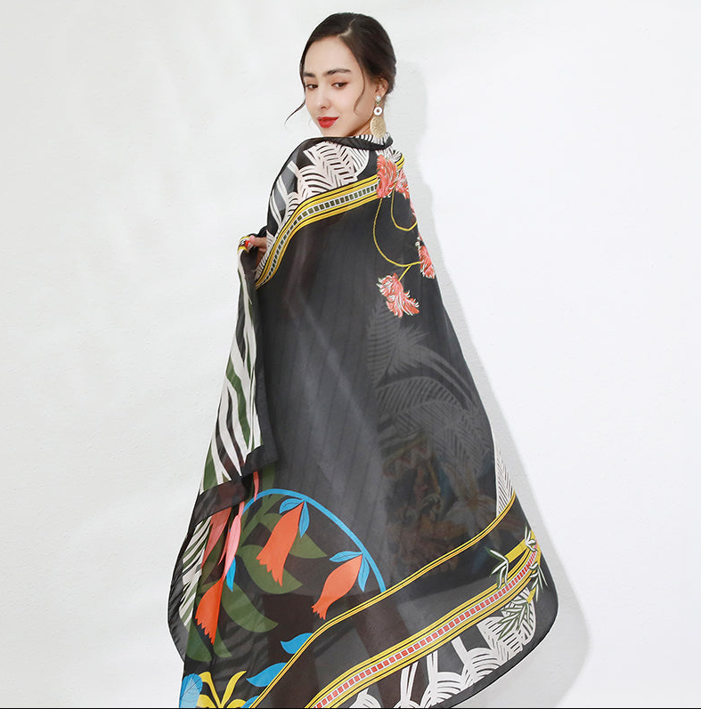 Anyyou 100% Mulberry Silk Ebony Black Long Scarf Luxury Brand Women Beach Shawl Wear Swimwear Pashimina Face Shield Foulard