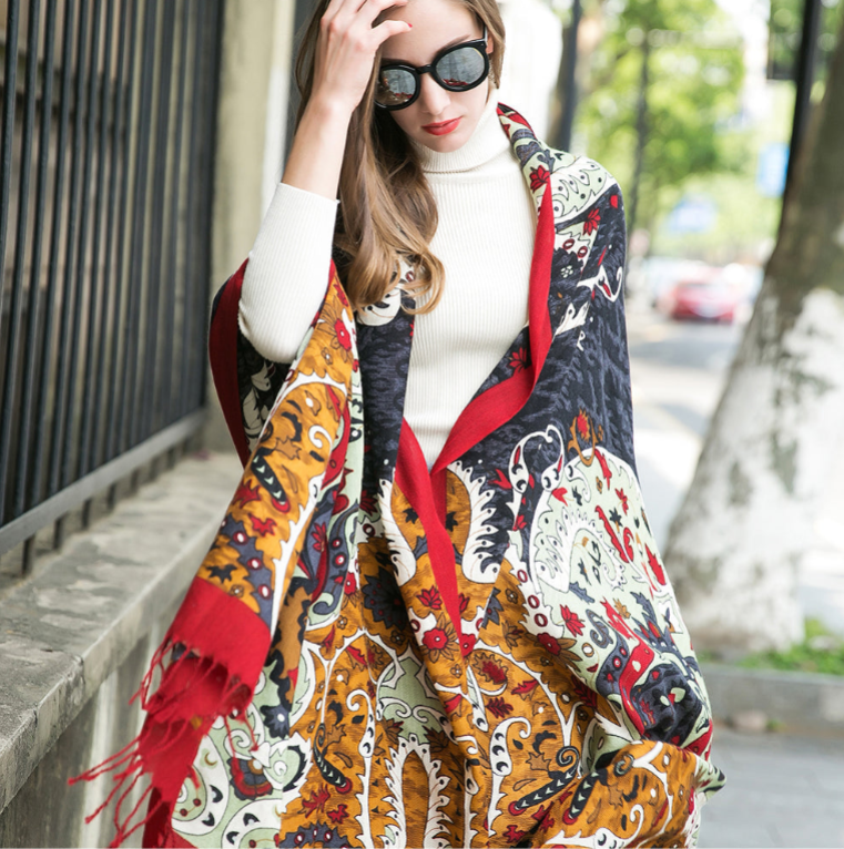 Anyyou 100% Pure Merino Wool Multicolor Paisley Stylish Poncho Winter Large Scarf With Trendy Pashmina Shawl Bandana  For Womenfashion Design