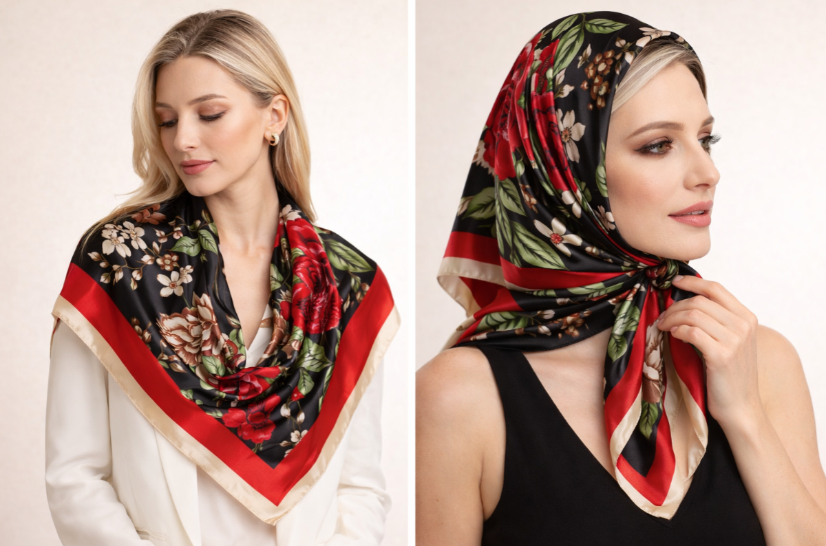 Anyyou Fashion Premium Satin Square Scarf – Peony Red Silk-Feel Neckwrap for Women