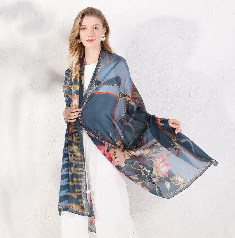 Anyyou 100% Mulberry Silk Spruce Blue Long Scarf Luxury Brand Women Beach Shawl Wear Swimwear Pashimina Face Shield Foulard