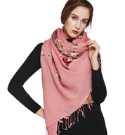 Anyyou 100% Pure Merino Wool Pink Floral Garden Stylish Poncho Winter Large Scarf With Trendy Pashmina Shawl Bandana  For Womenfashion Design