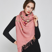 Anyyou 100% Pure Merino Wool Pink Floral Garden Stylish Poncho Winter Large Scarf With Trendy Pashmina Shawl Bandana  For Womenfashion Design