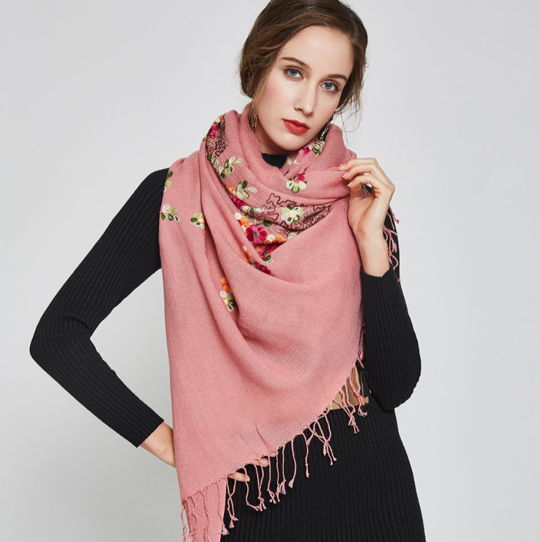 Anyyou 100% Pure Merino Wool Pink Floral Garden Stylish Poncho Winter Large Scarf With Trendy Pashmina Shawl Bandana  For Womenfashion Design