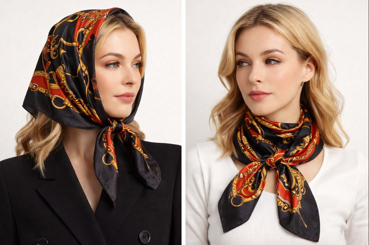 Anyyou Fashion Premium Satin Square Scarf – Black Red Elegant Silk-Feel Neckwrap for Women