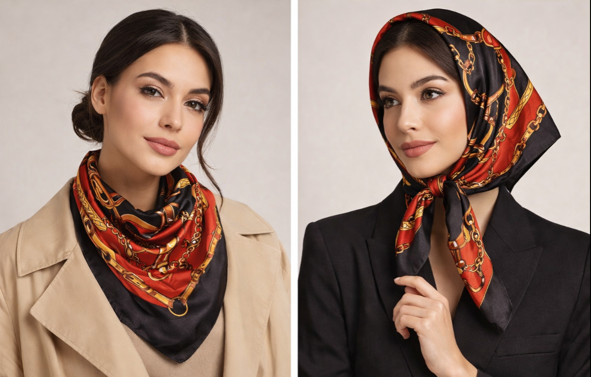Anyyou Fashion Premium Satin Square Scarf – Black Red Elegant Silk-Feel Neckwrap for Women