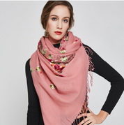 Anyyou 100% Pure Merino Wool Pink Floral Garden Stylish Poncho Winter Large Scarf With Trendy Pashmina Shawl Bandana  For Womenfashion Design
