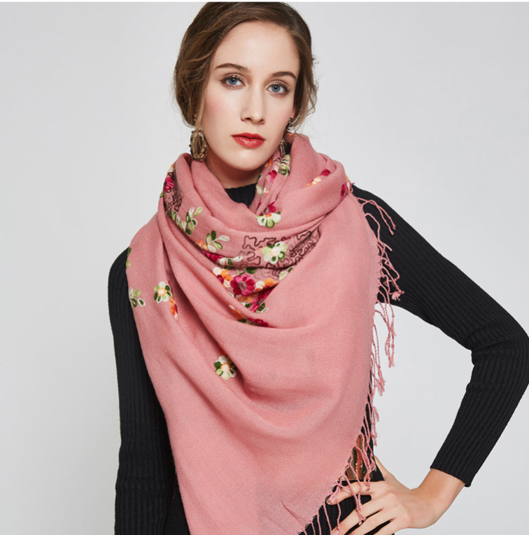 Anyyou 100% Pure Merino Wool Pink Floral Garden Stylish Poncho Winter Large Scarf With Trendy Pashmina Shawl Bandana  For Womenfashion Design